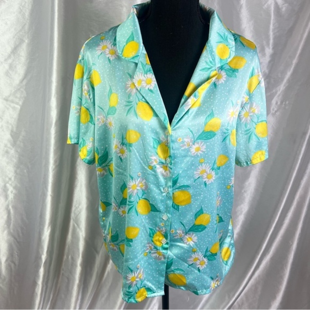 Flora Nikrooz Lemon Print Satin Pajama Top Size XL| Luxe Summer Loungewear